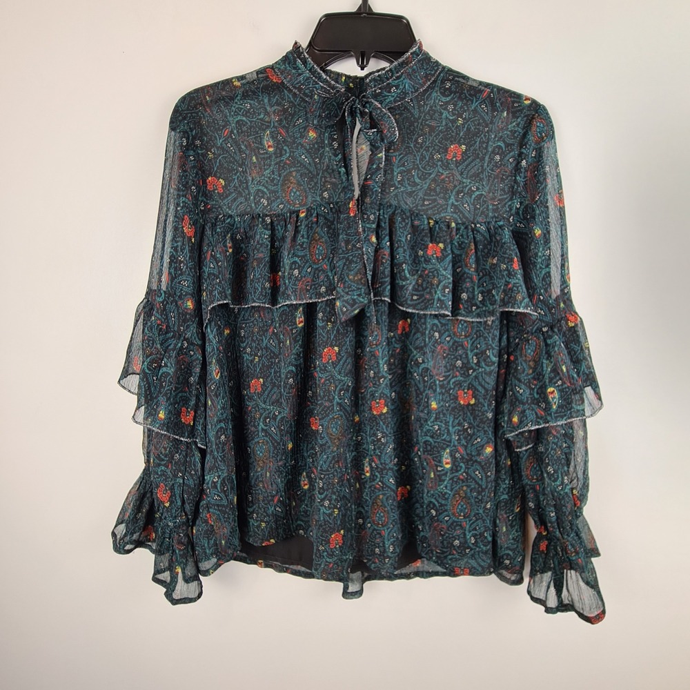 Lucky Brand Womens Long Sleeve‎ Sheer Floral Ruffle Mock Neck Blouse Tie Medium